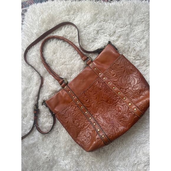 PATRICIA NASH Burnished Tooled Benvenuto Gold Leather Shoulder Bag Tote Cognac - Picture 6 of 10